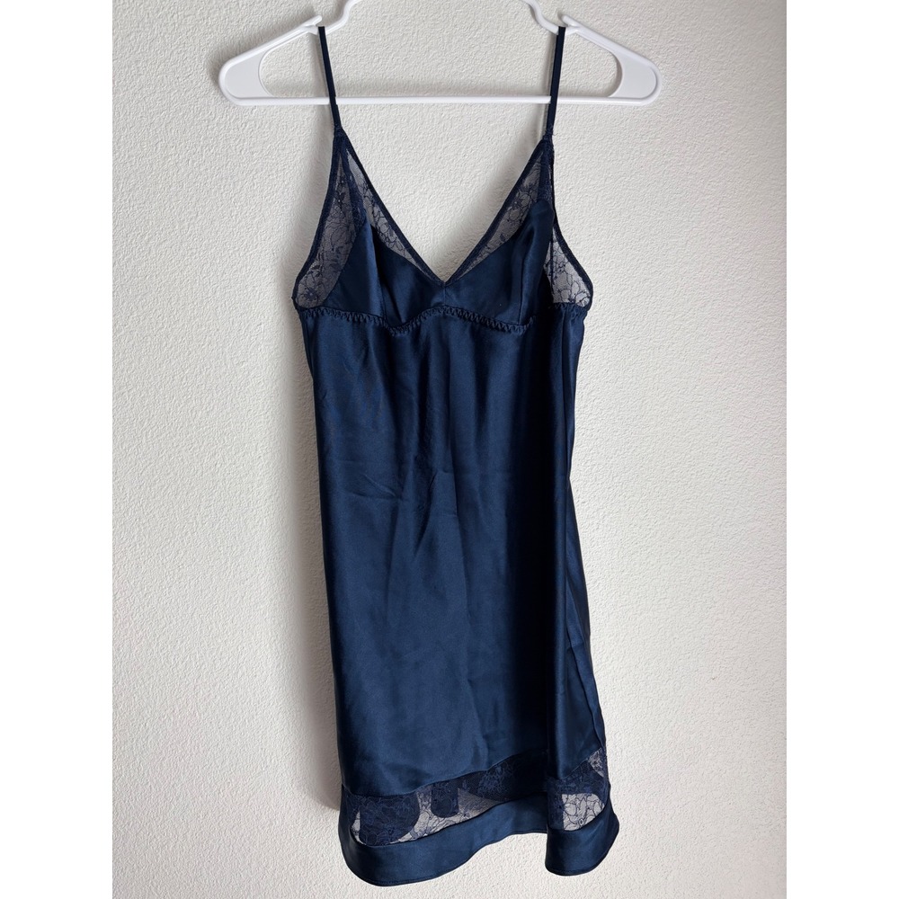 Victoria's Secret Navy Blue Satin Lace Trim Slip Dress Chemise 373840-73G Small
